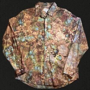 Men’s Large Regular Fit Long Sleeve Button Down Tie Dye Shirt Brown Green Blue
